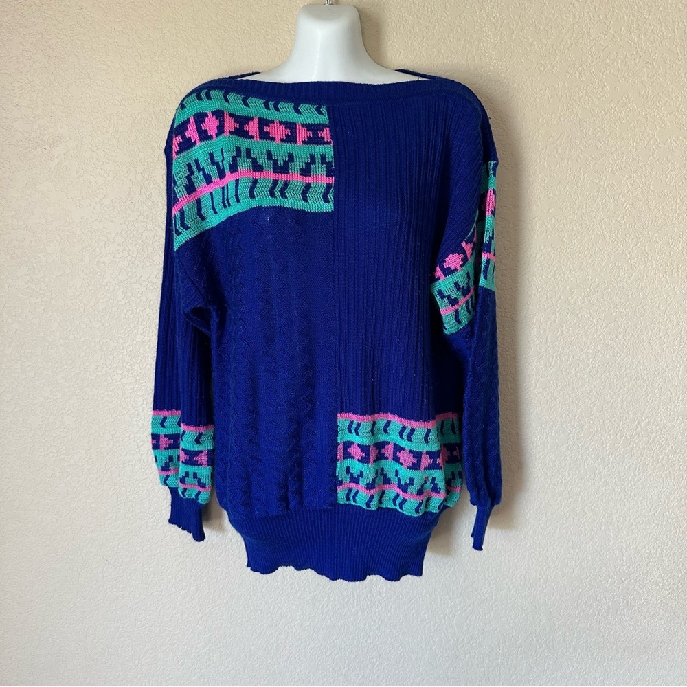 Vintage Electric Blue and Teal‎ Tina Knitwear Sweater Retro Vibe